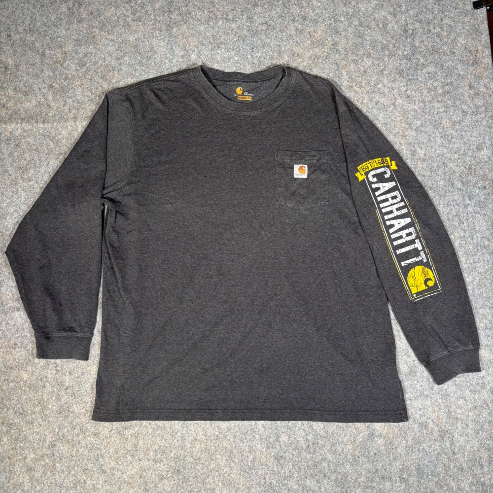 Carhartt Pocket T-Shirt Mens 2XL Gray Long Sleeve Sleeve Graphic Original Fit